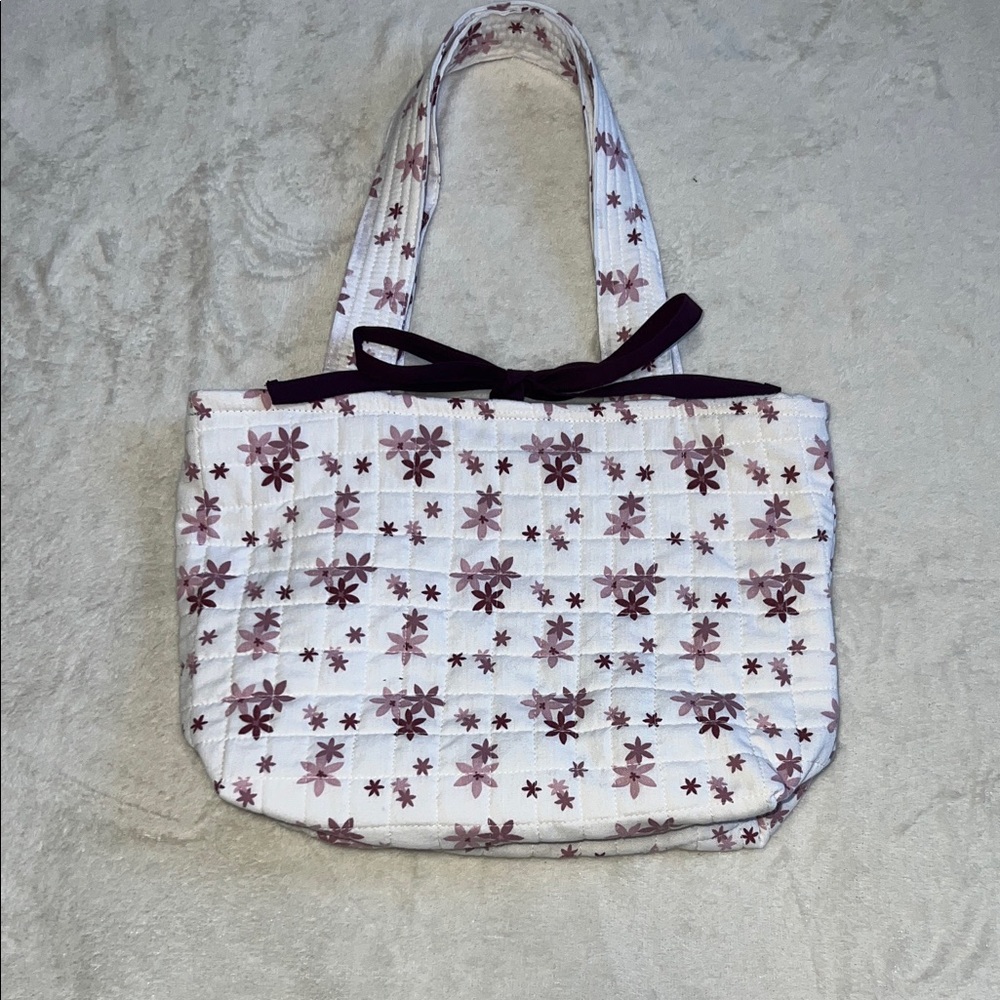 Handmade Quilted Mini Market Tote Bag. Recycled white and purple floral fabric.